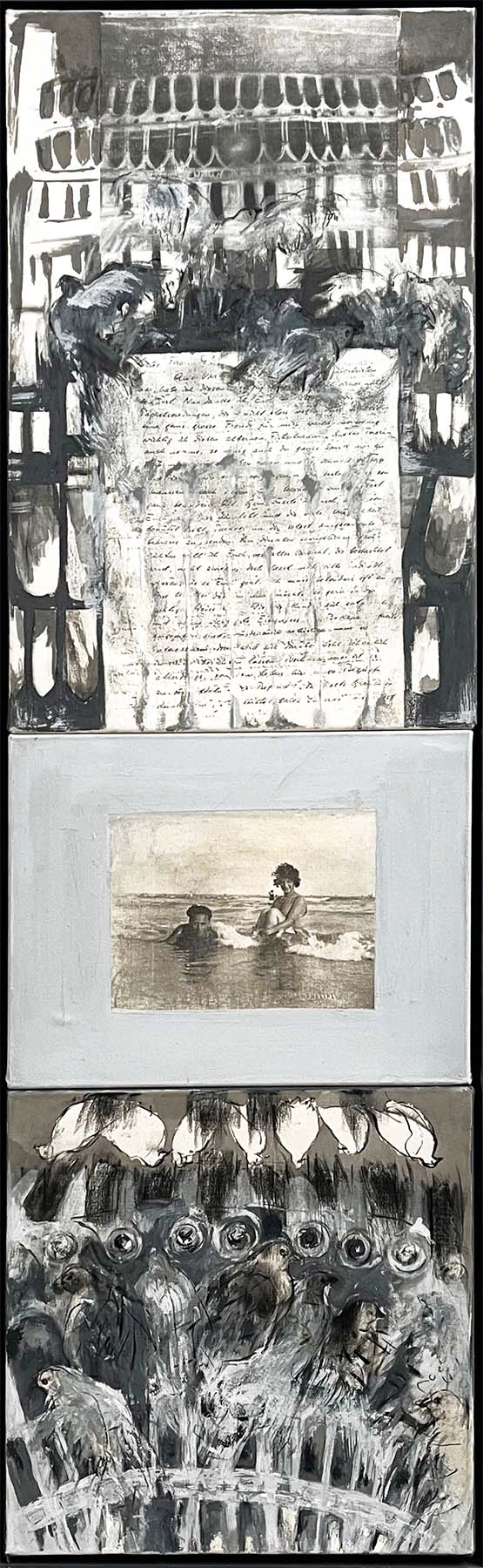 Tryptichon Lido3 und Markusplatz, Der Brieftaube Geschichte 1926, Familienwelten, Susanne Palme-Waldemer, 1996-1998